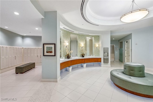 full bath with recessed lighting, a raised ceiling, vanity, tile patterned flooring, and baseboards