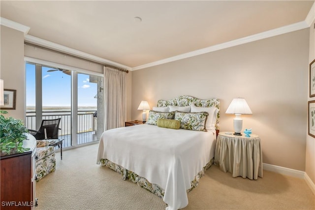 bedroom featuring light carpet, crown molding, baseboards, and access to exterior