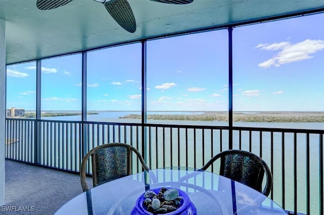 sunroom with a water view