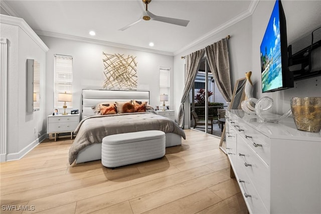 bedroom featuring crown molding, recessed lighting, ceiling fan, light wood-type flooring, and baseboards