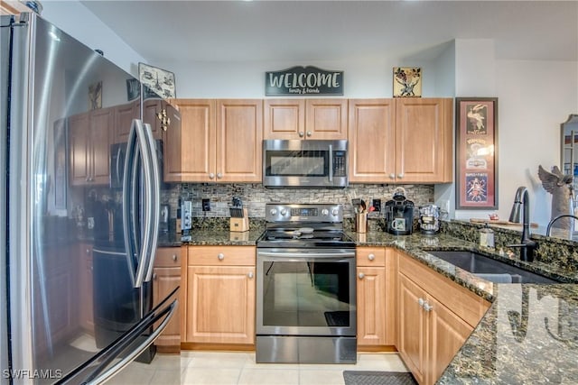 kitchen featuring dark stone countertops, decorative backsplash, stainless steel appliances, and a sink