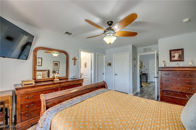 bedroom featuring visible vents and a ceiling fan