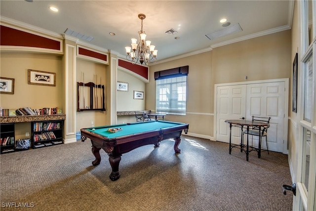 recreation room featuring carpet floors, billiards, visible vents, and crown molding