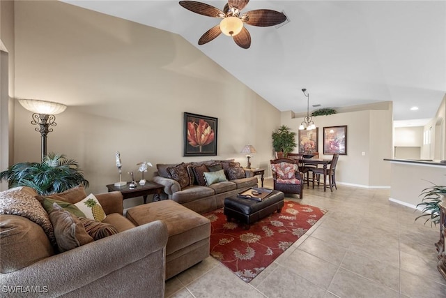 living area featuring high vaulted ceiling, a ceiling fan, baseboards, and light tile patterned floors