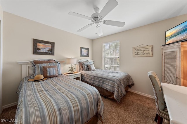 bedroom with carpet, baseboards, and ceiling fan