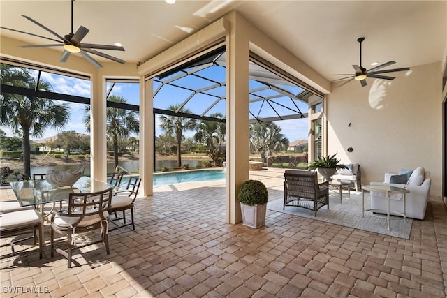 exterior space featuring ceiling fan