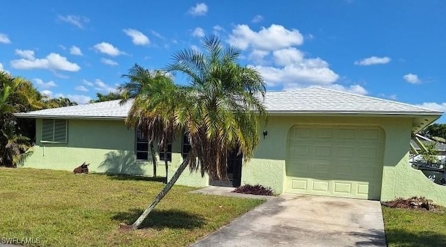 single story home featuring roof with shingles, stucco siding, concrete driveway, a garage, and a front lawn