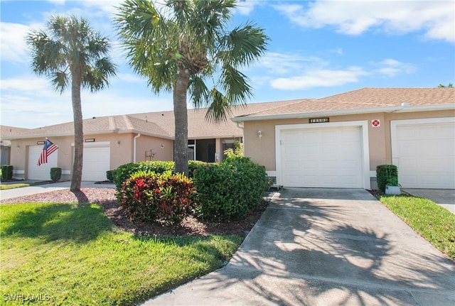 ranch-style home featuring driveway, an attached garage, and stucco siding