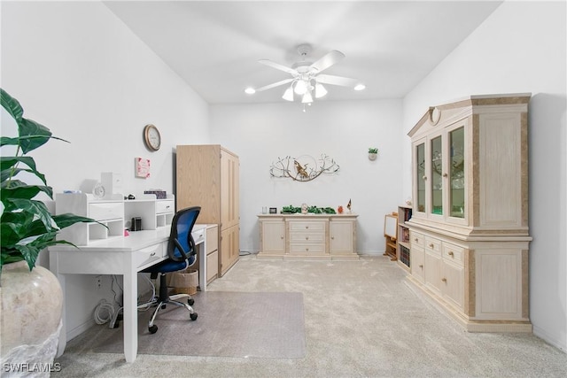 office area featuring a ceiling fan, recessed lighting, and light colored carpet