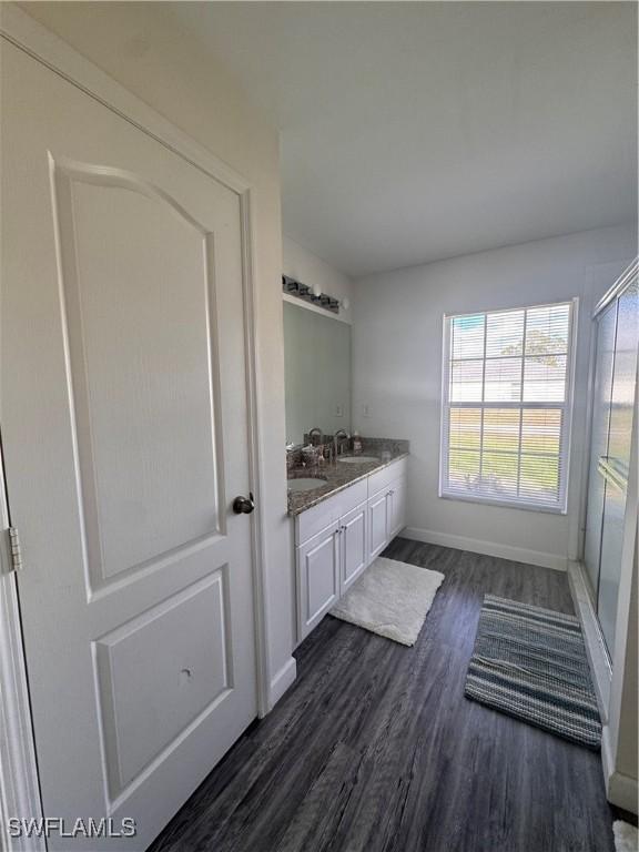 bathroom with a sink, wood finished floors, baseboards, double vanity, and an enclosed shower