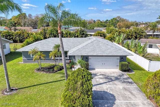 view of front of property featuring driveway, a garage, fence, and a front yard