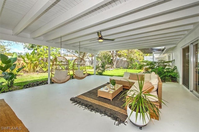 view of patio with a fenced backyard, ceiling fan, and an outdoor hangout area