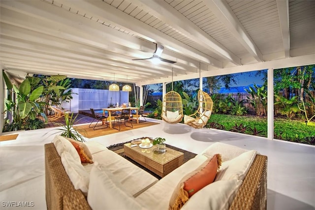 view of patio / terrace with ceiling fan, outdoor dining space, an outdoor hangout area, and a fenced backyard