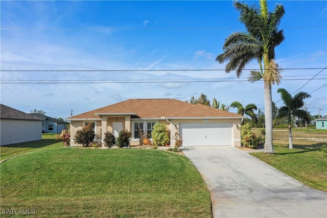 view of front of house with an attached garage, concrete driveway, a front yard, and stucco siding