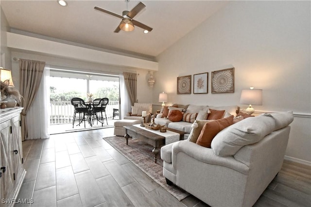 living room with high vaulted ceiling, recessed lighting, and ceiling fan