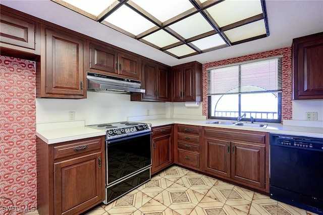 kitchen featuring light countertops, electric range, a sink, dishwasher, and under cabinet range hood