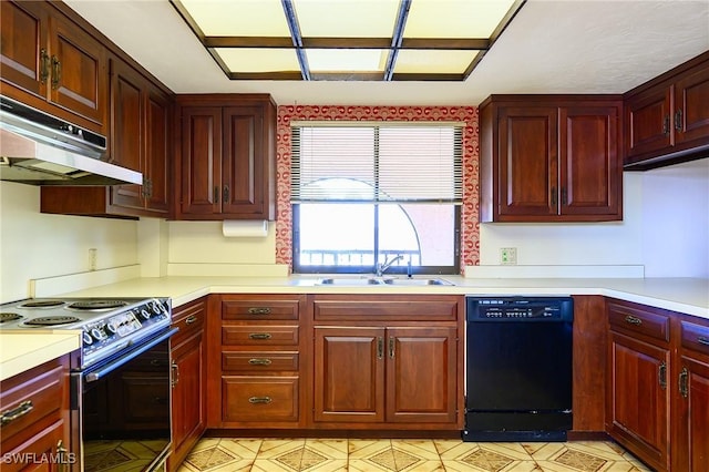 kitchen with black dishwasher, stainless steel electric range oven, light countertops, under cabinet range hood, and a sink