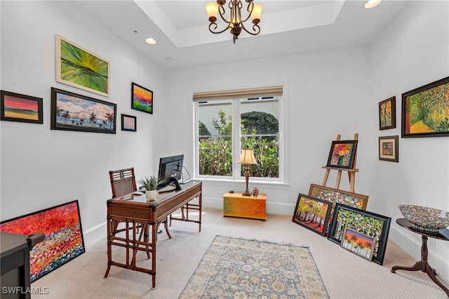 office space with light carpet, baseboards, a chandelier, and recessed lighting