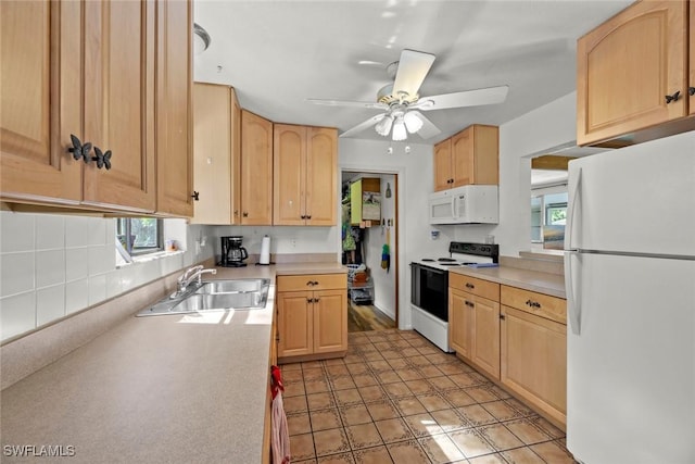 kitchen with light countertops, light brown cabinets, a sink, ceiling fan, and white appliances