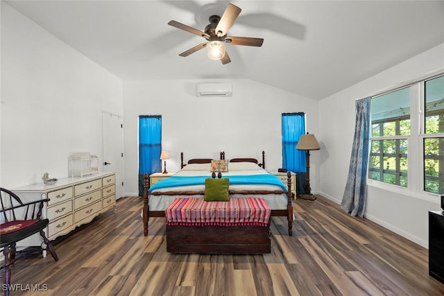 bedroom with lofted ceiling, a wall mounted AC, ceiling fan, wood finished floors, and baseboards