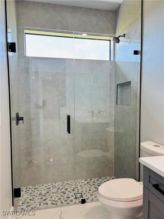 bathroom with a shower stall, vanity, and toilet