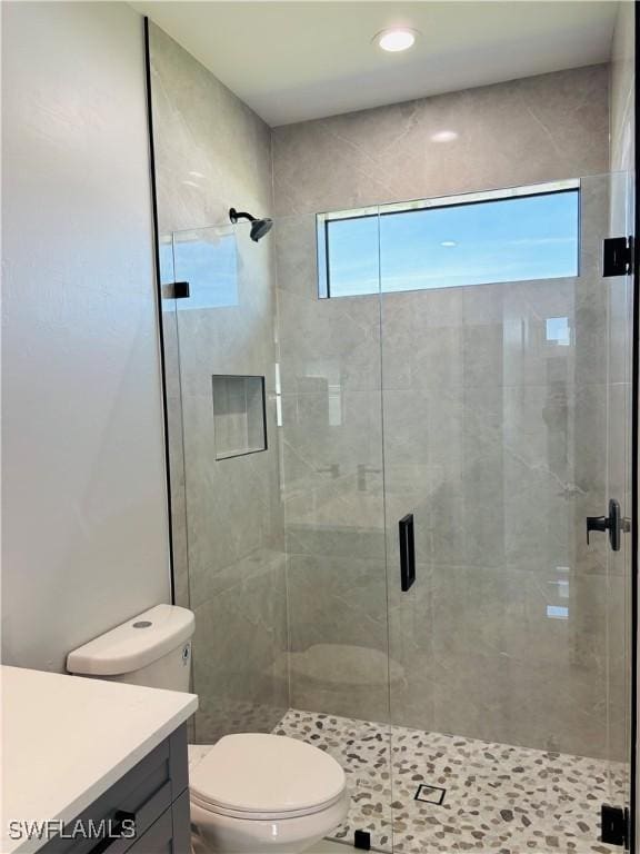 full bathroom featuring toilet, a shower stall, and vanity