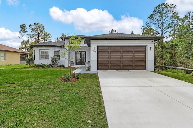 ranch-style home featuring concrete driveway, a front lawn, an attached garage, and stucco siding