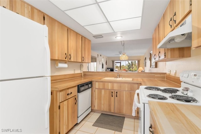 kitchen featuring butcher block countertops, white appliances, under cabinet range hood, and a peninsula