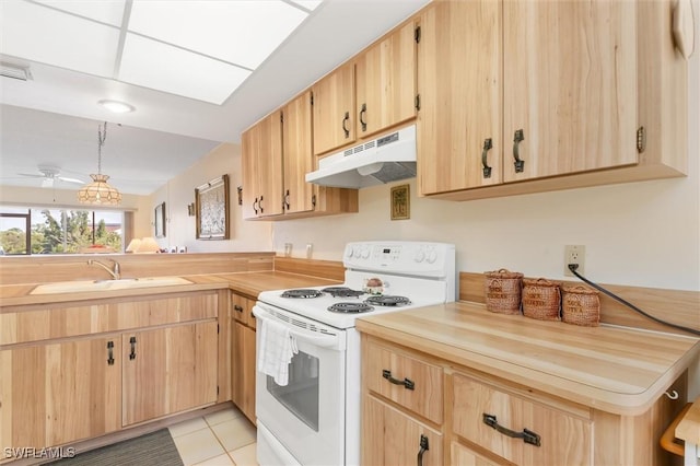 kitchen featuring white range with electric stovetop, under cabinet range hood, wood counters, and a peninsula