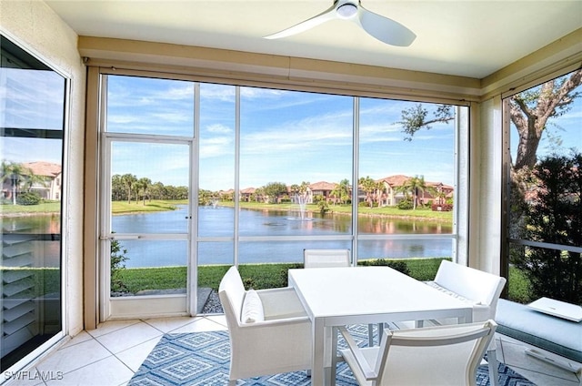 sunroom featuring ceiling fan and a water view