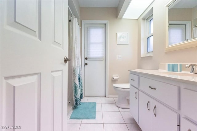 full bath with toilet, tile patterned flooring, and vanity