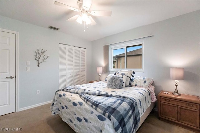 carpeted bedroom with baseboards, visible vents, ceiling fan, and a closet