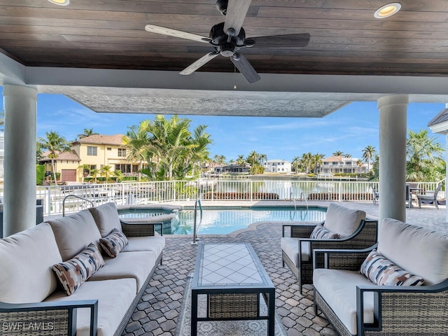 view of patio with a fenced backyard, an outdoor hangout area, a ceiling fan, a residential view, and a fenced in pool