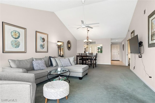 living area featuring high vaulted ceiling, ceiling fan with notable chandelier, carpet floors, visible vents, and baseboards