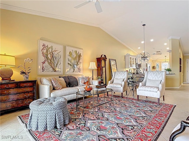 living room with ornamental molding, light tile patterned flooring, and vaulted ceiling