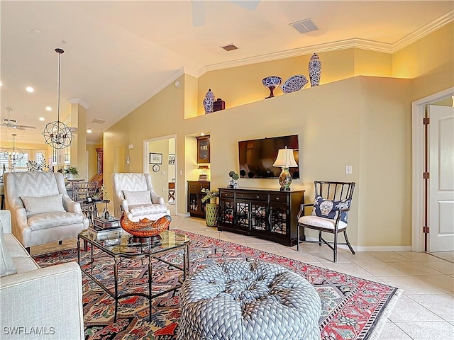 living room featuring tile patterned flooring, visible vents, vaulted ceiling, and ornamental molding