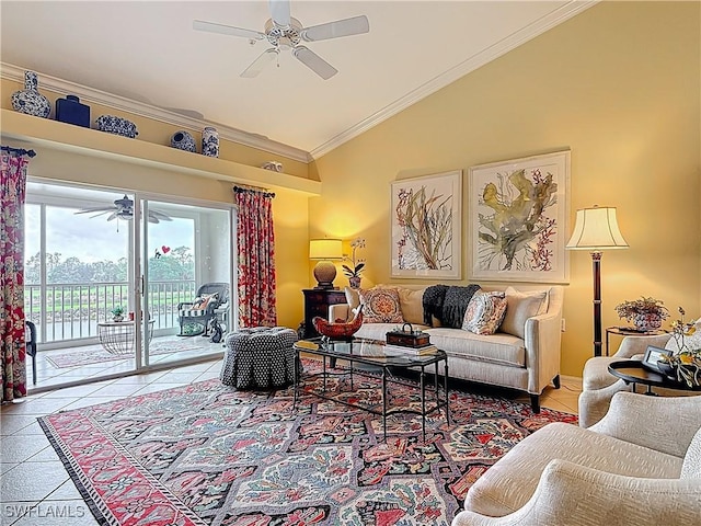 tiled living area featuring vaulted ceiling, crown molding, and ceiling fan