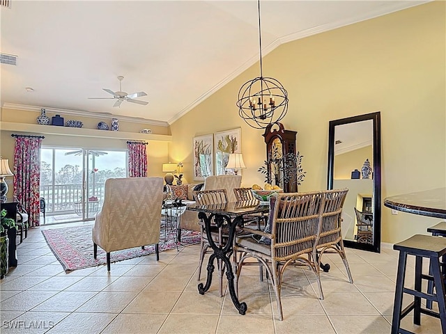 dining space with light tile patterned floors, visible vents, ornamental molding, and ceiling fan with notable chandelier