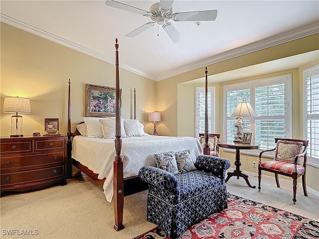 bedroom with baseboards, ornamental molding, a ceiling fan, and light colored carpet