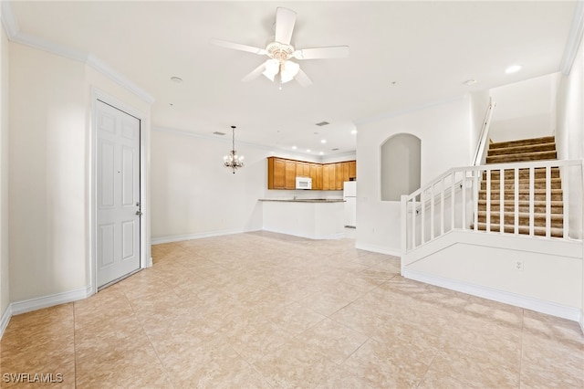 unfurnished living room with crown molding, recessed lighting, stairway, baseboards, and ceiling fan with notable chandelier