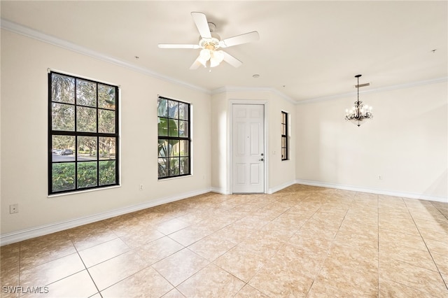 empty room with baseboards, light tile patterned floors, ceiling fan with notable chandelier, and crown molding