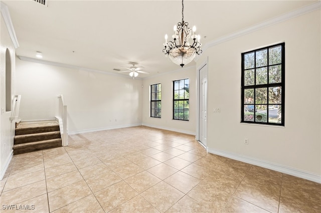 unfurnished room featuring stairs, crown molding, light tile patterned flooring, baseboards, and ceiling fan with notable chandelier