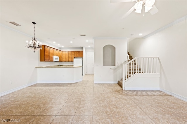 unfurnished living room featuring baseboards, visible vents, stairs, crown molding, and recessed lighting