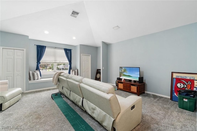 living area featuring carpet floors, recessed lighting, visible vents, and baseboards