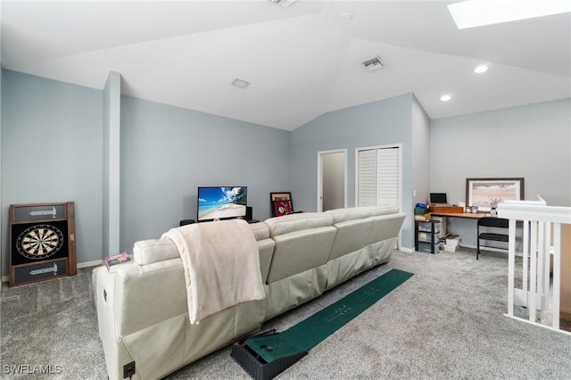 carpeted bedroom with vaulted ceiling, baseboards, visible vents, and recessed lighting