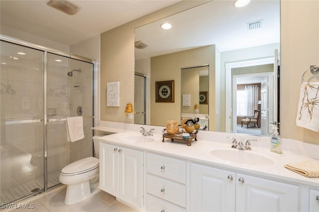 bathroom featuring tile patterned flooring, a sink, visible vents, and a shower stall