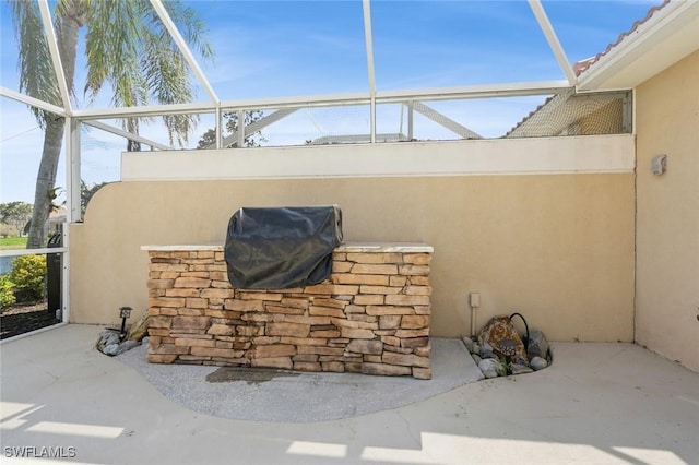 view of patio / terrace featuring glass enclosure and a grill