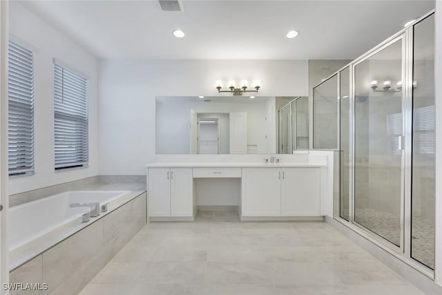 bathroom featuring visible vents, recessed lighting, a shower stall, a bath, and vanity