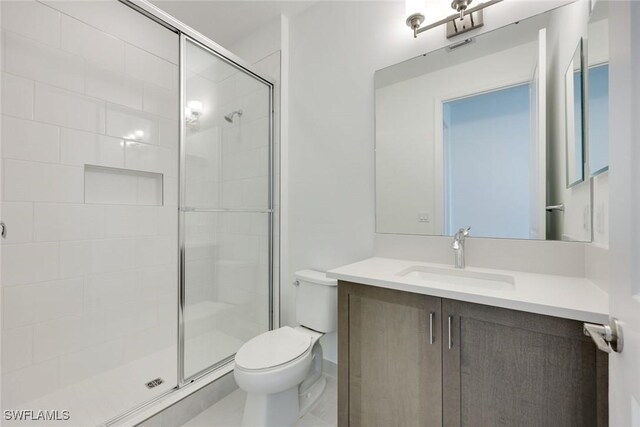 full bath with vanity, toilet, and a shower stall