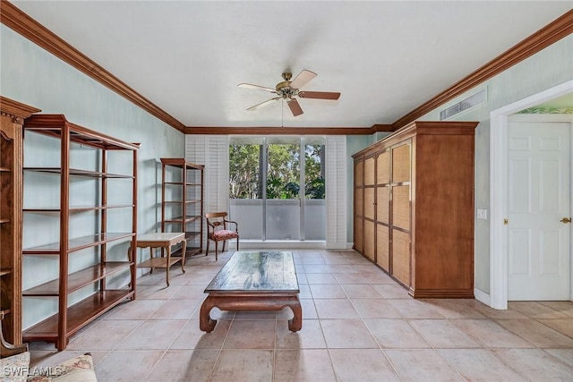 unfurnished room with ceiling fan, light tile patterned floors, visible vents, and crown molding